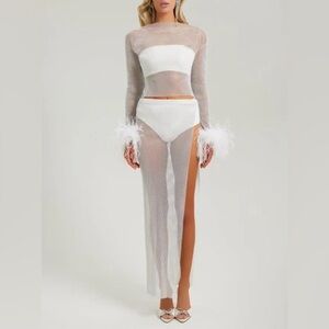 White Crystal Embellished Mesh Feather Top and Skirt, Bridal, Bachelorette